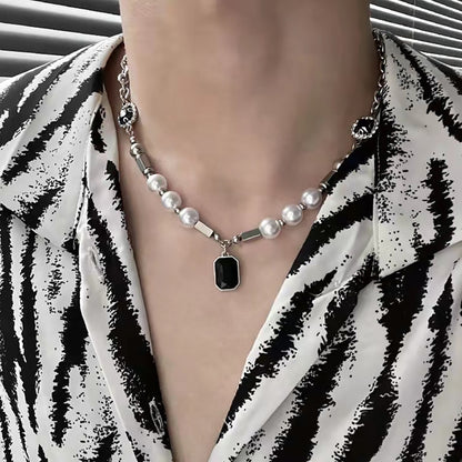 Black Rhinestones Steel Pearl Mens Necklace